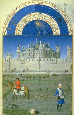 Братья Лимбург. Месяц октябрь. На заднем плане - вид Лувра в XIII веке