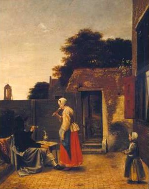 Питер де Хоох. 'Мужчина с трубкой и женщина с бокалом во дворе' (1660)