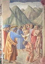 Мазаччо. Святой Петр крестит новообращенного